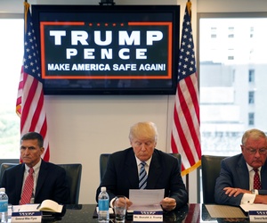 Donald Trump received his first classified intelligence briefing Wednesday. He also held a national security roundtable at Trump Towers with retired Lt. Gen. Mike Flynn, left, and Ret. Army Lt. Gen. Keith Kellogg, right, Wed. Aug. 17, 2016.