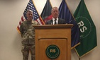 Defense Secretary Jim Mattis speaks to reporters from Resolute Support headquarters in Kabul, Afghanistan, as Gen. John Nicholson stands behind Mattis on April 24, 2017.