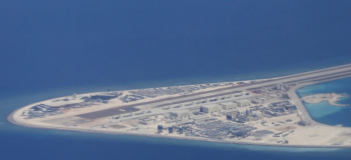 An airstrip, structures and buildings on China's manmade Subi Reef in the Spratly chain of islands in the South China Sea in April 2017.