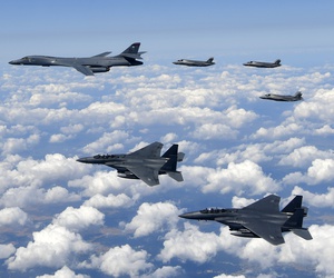 U.S. Air Force B-1B bombers, F-35B stealth fighter jets and South Korean F-15K fighter jets fly over the Korean Peninsula during a joint drills, South Korea on Sept. 18, 2017. U.S. Air Force B-1B bombers, F-35B stealth fighter jets and South Korean F-15K fighter jets fly over the Korean Peninsula during a joint drills, South Korea on Sept. 18, 2017.