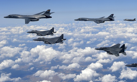 U.S. Air Force B-1B bombers, F-35B stealth fighter jets and South Korean F-15K fighter jets fly over the Korean Peninsula during a joint drills, South Korea on Sept. 18, 2017. U.S. Air Force B-1B bombers, F-35B stealth fighter jets and South Korean F-15K fighter jets fly over the Korean Peninsula during a joint drills, South Korea on Sept. 18, 2017.