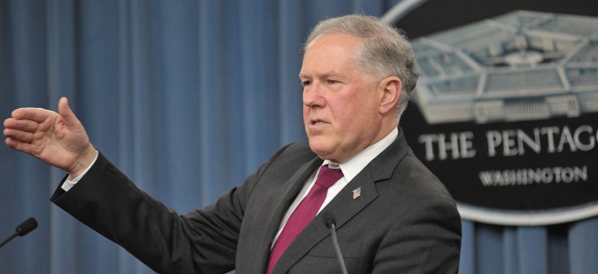 Frank Kendall speaks to reporterse at a press briefing in the Pentagon