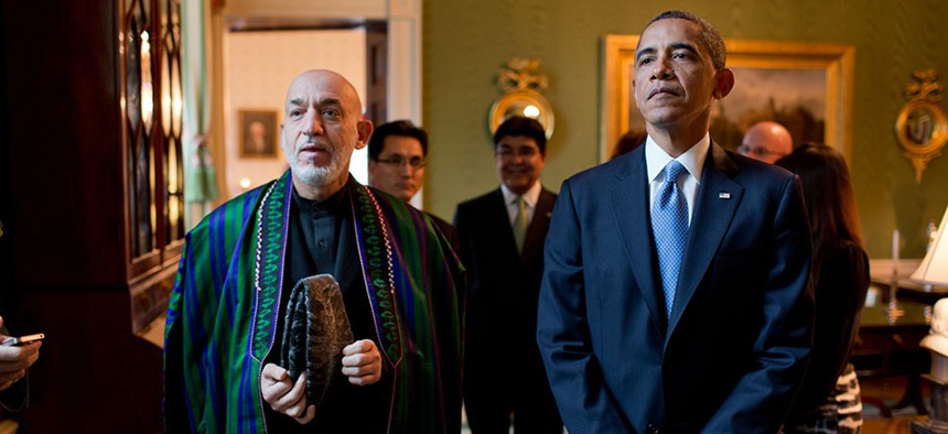 Obama and Afghanistan's President Hamid Karzai during a White House meeting