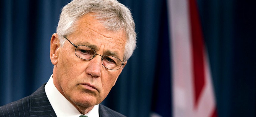 Hagel speaks to reporters during a press conference at the Pentagon