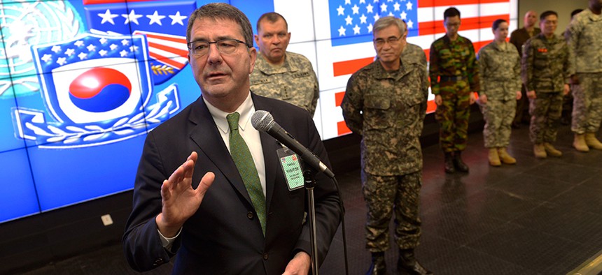 Deputy Defense Secretary Ashton Carter speaking to U.S. and Korean forces in South Korea