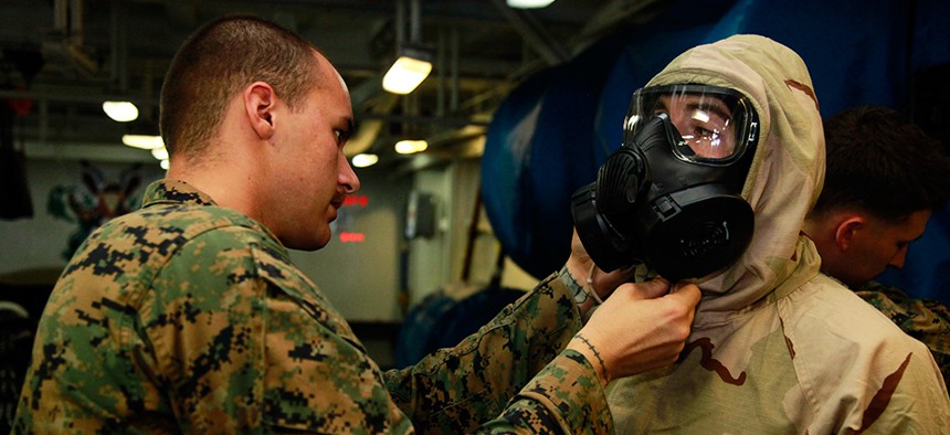 Marines training for possible chemical or biological weapons attacks