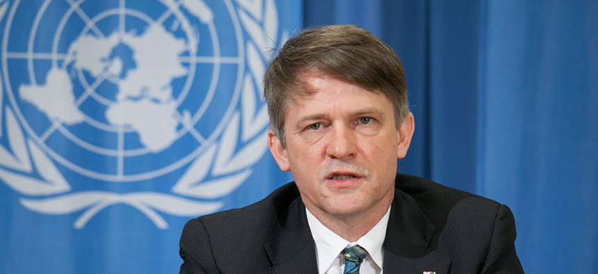 Assistant Secretary of State for International Security and Nonproliferation Thomas Countryman speaking to reporters in Geneva