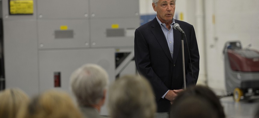 Defense Secretary Chuck Hagel delivers remarks to civilian employees of the Fleet Readiness Center at NAS Jacksonville, Fla., after touring their facility on July 16.