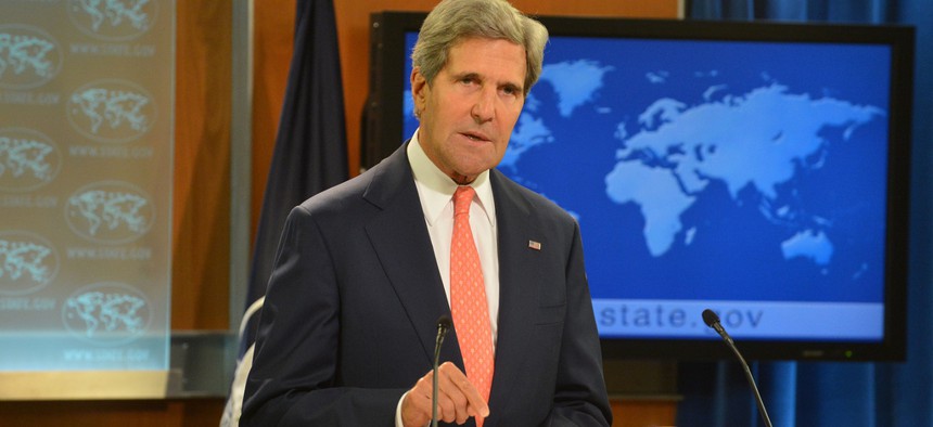 Secretary of State John Kerry addresses the situation in Syria during a press conference at the State Department on Monday. 