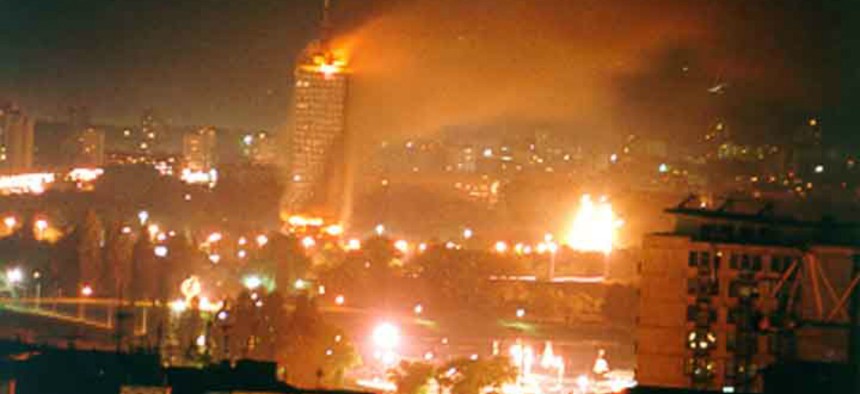 A building on fire after a NATO bombing run in the former Yugoslavia
