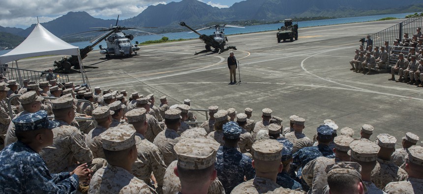 Defense Secretary Chuck Hagel meets with Marines at Marine Corps Air Station Kaneohe Bay last week.