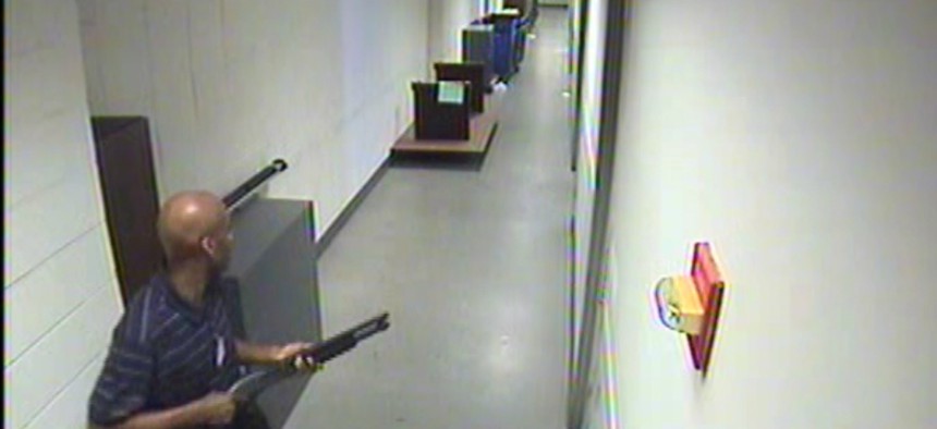 Washington Navy Yard shooter Alexis Aaron is caught on surveillance video during the Sept. 16 shooting.