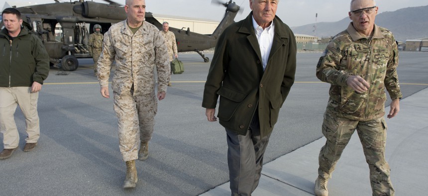 Defense Secretary Chuck Hagel on a visit to Afghanistan in March. 