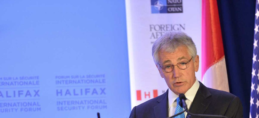 Defense Secretary Chuck Hagel speaking at the International Security Forum in Halifax, Nova Scotia, Canada.