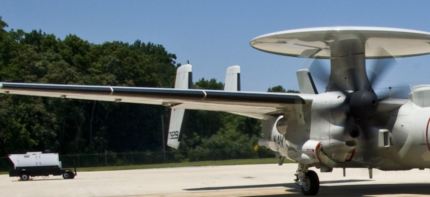 An E-2D Hawkeye with the Pioneers of Air Test and Evaluation Squadron preparing for takeoff