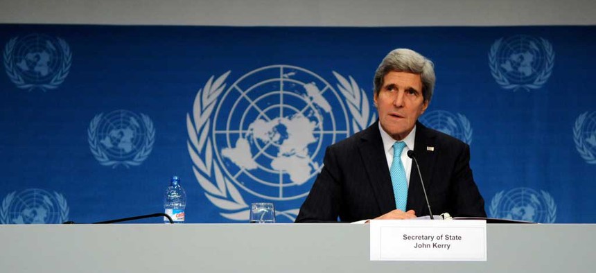 Secretary of State John Kerry speaking at the Geneva II conference in January