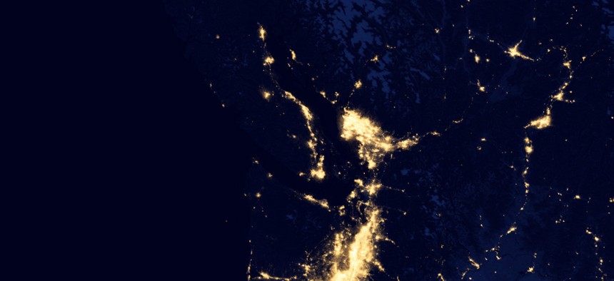 The United States at night as seen from composite images via data acquired by the Suomi NPP satellite in April and October 2012.