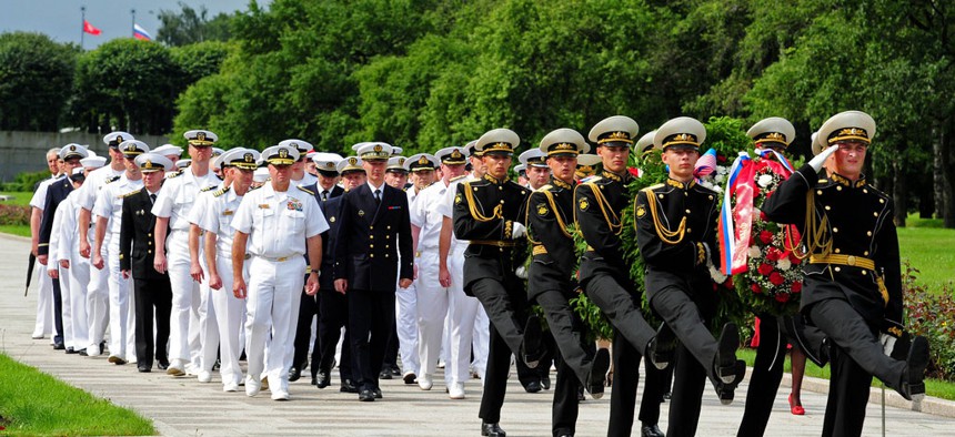 Sailors from the U.S., Russia, France and the United Kingdom at a wreath laying ceremony during the 2012 FRUKUS Exercise