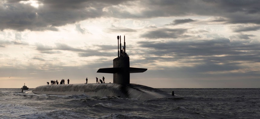 The USS Rhode Island, an Ohio-class ballistic missile submarine, returns to Naval Base Kings Bay in March 2013.