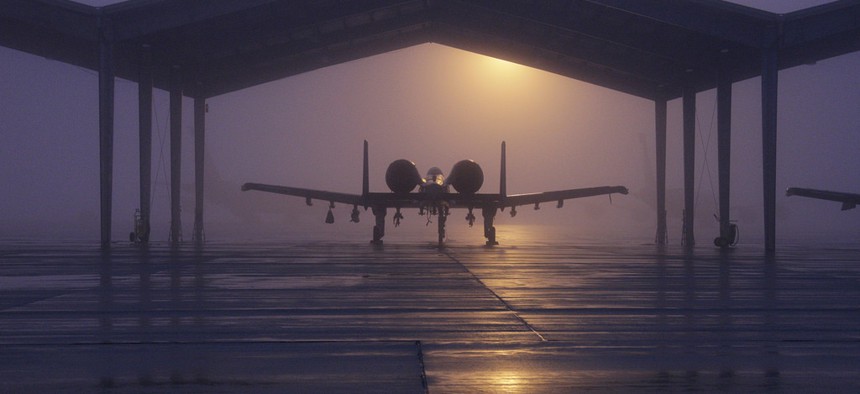 An A-10 Thunderbolt II is parked under a shelter at Selfridge Air National Guard Base, Mich. 
