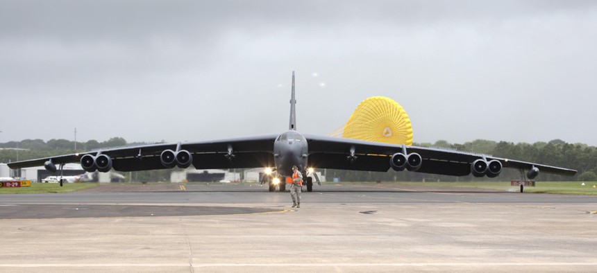 A B-52 Stratofortress lands at Royal Australian Air Force Base in Darwin, Australia on January 28, 2014. 