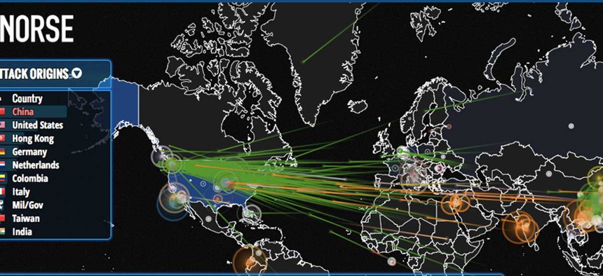 A live rendering of cyber attacks happening in real time, produced by Norse.