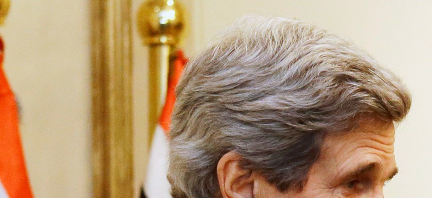 U.S. Secretary of State John Kerry, left, meets with Egyptian Defense Minister Abdel Fattah al-Sisi at the Ministry of Defense in Cairo, Egypt on March 3, 2013. 