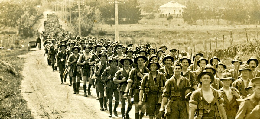 Soldiers from the New Zealand  Division march from Trentham to Europe in 1917. 