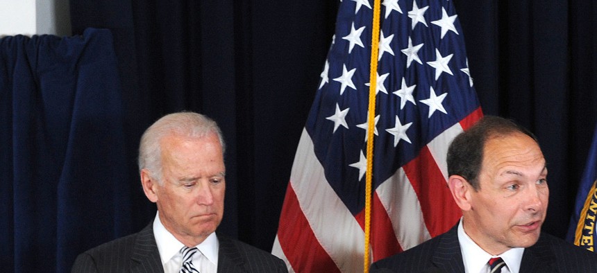 VA Secretary Robert McDonald stands with President Obama and Vice President Joe Biden as he is nominated to lead the department at a ceremony on June 30, 2014.
