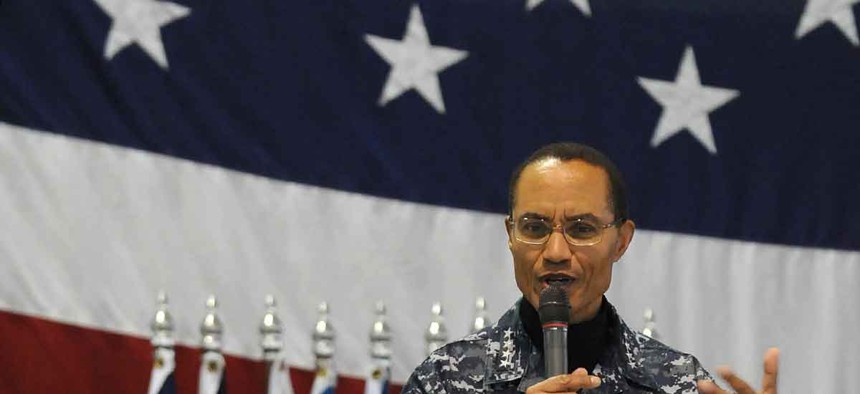U.S. STRATCOM Commander Adm. Cecil Haney speaks to the 5th Bomb Wing at Minor Air Force Base, N.D., on December 2, 2013.