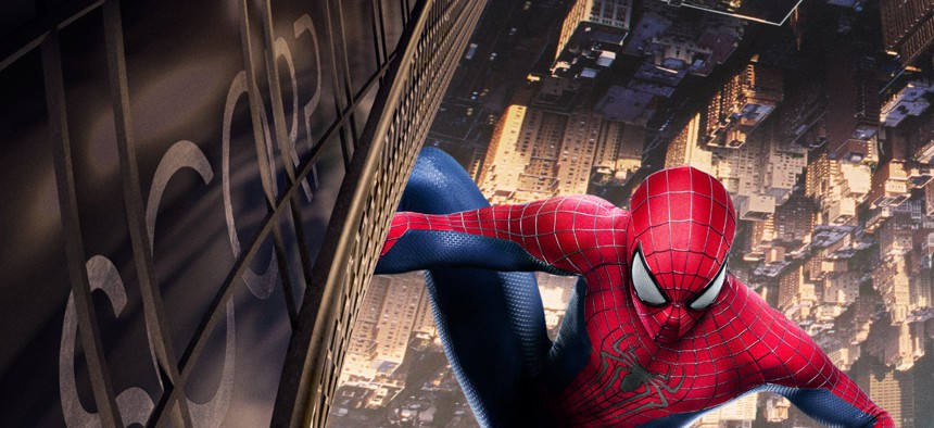 A movie poster for The Amazing Spider-Man 2, showing the superhero over the streets of New York City. 