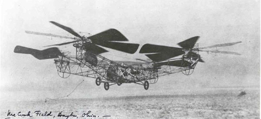 A helicopter designed by George DeBothezat, makes a descent at McCook Filed after remaining airborne for nearly 3 minutes. 