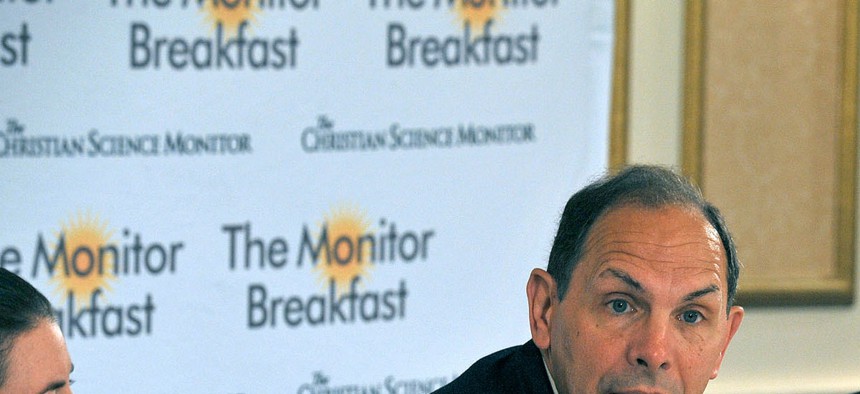 VA Secretary Bob McDonald speaks to reporters and other guests at a breakfast sponsored by the Christian Science Monitor. 