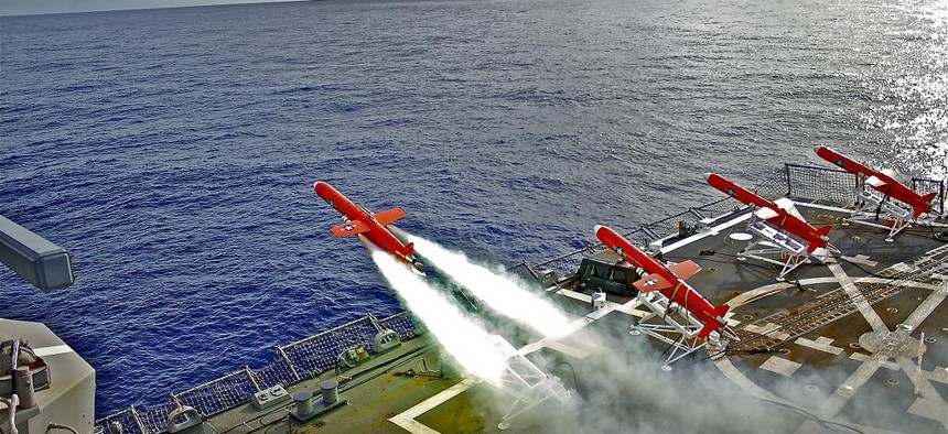 A BQM-74E drone is launched from the deck of the USS Lassen during a missile exercise, on September 21, 2010. 