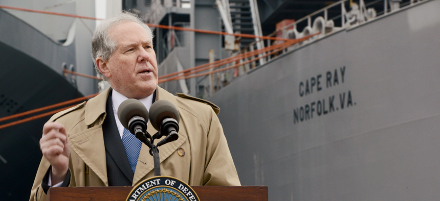 Under Secretary of Defense for Acquisition, Technology and Logistics Frank Kendall speaks to a group outside the MV Cape Ray, on January 2, 2014.