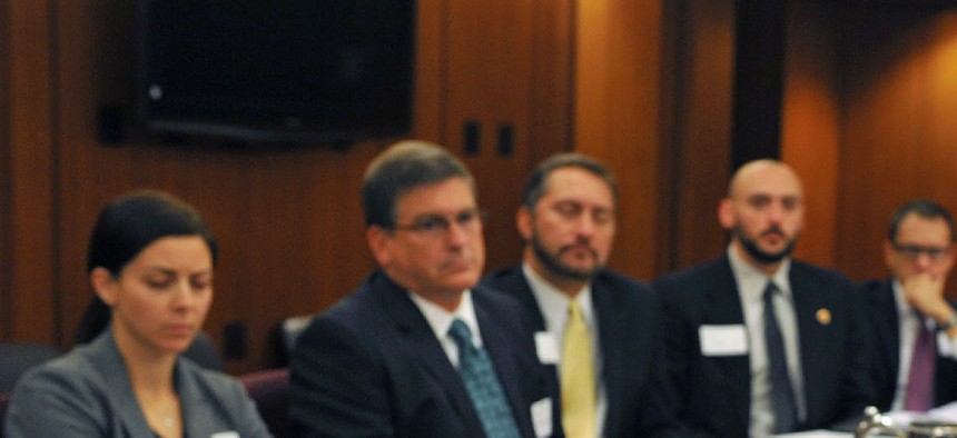 VA Secretary Bob McDonald holds a round table meeting with staff members from Veteran Service Organizations, on November 5, 2014.