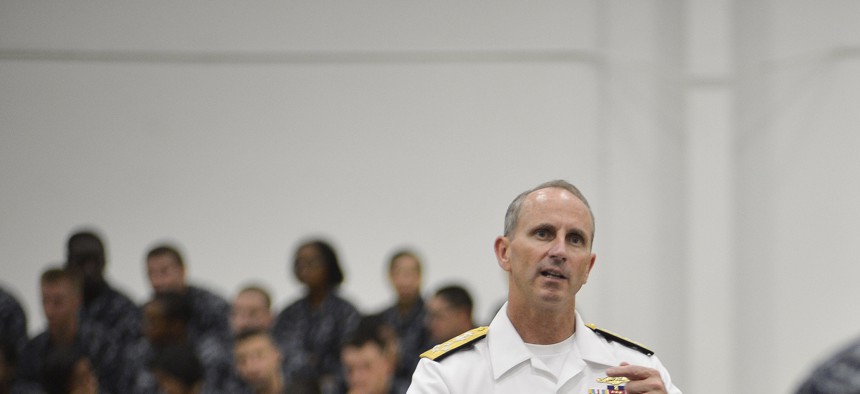 Chief of Naval Operations Adm. Jonathan Greenert speaks to more than 3,700 Sailors during an all-hands call with students and staff at Naval Education and Training Command. 