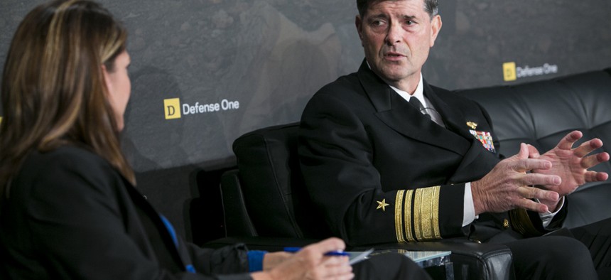 Vice Adm. William Moran chats with Defense One Managing Editor Stephanie Gaskell at the annual Defense One Summit.