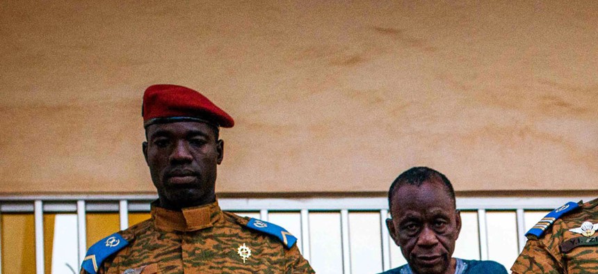 Burkina Faso Lt. Col issac Yacouba Zida leavse a government building after meeting with political leaders in Ouagadougou, Burkina Faso, on November 4, 2014.