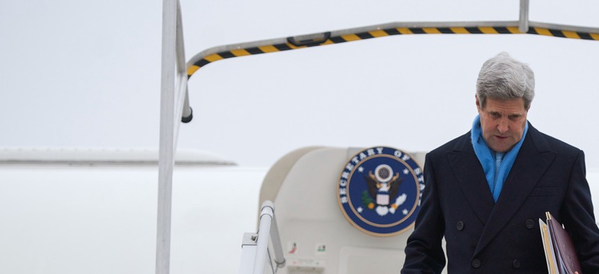 Secretary of State John Kerry disembarks from his Air Force jet after arriving in Paris, France, on November 20, 2014. 