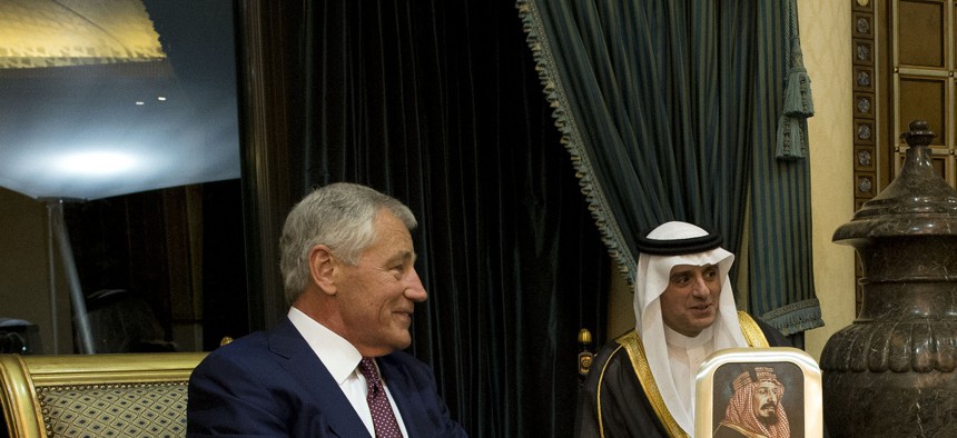 Defense Secretary Chuck Hagel meets with Saudi Arabian Deputy Defense Minister Salman bin Sultan bin Abdulaziz in Riyadh, Saudi Arabia, on December 9, 2013.