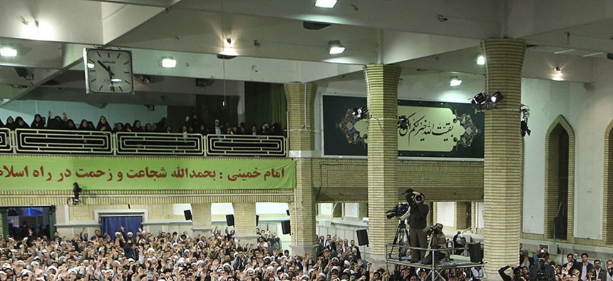 Supreme Leader Ayatollah Ali Khamenei waves to a crowd prior to his speech at his residence in Tehran, Iran, Wednesday, Jan. 7, 2015. Iran's supreme leader said Wednesday the United States cannot be trusted to lift sanctions in a future nuclear deal.