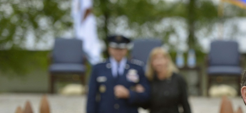 Deputy Defense Secretary Ash Carter departs after presiding over the EUCOM change of command ceremony on May 10, 2013.