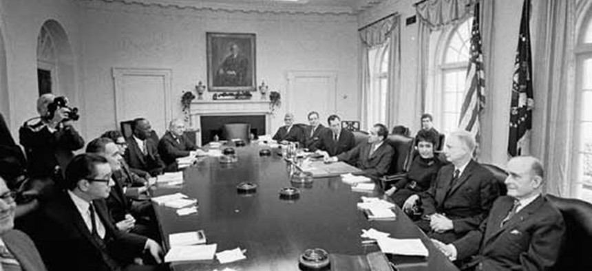 The Gates commission meets at the White House, in 1970.