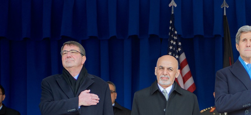From left to right: Secretary of Defense Ash Carter, Afghan President Ashraf Ghani, Secretary of State John Kerry and Afghan Chief Executive Officer Abdullah Abdullah stand during an honor cordon at the Pentagon, on March 23, 2015.