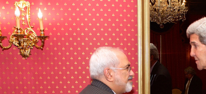 Secretary of State John Kerry shakes hands with Iranian Foreign Minister Javad Zarif before another round of negotiations in Lausanne, Switzerland, on March 20, 2015.