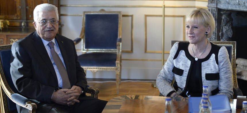 Palestinian President Mahmoud Abbas meets Sweden's Minister for Foreign Affairs, Margot Wallstrom, on February 10, 2015.