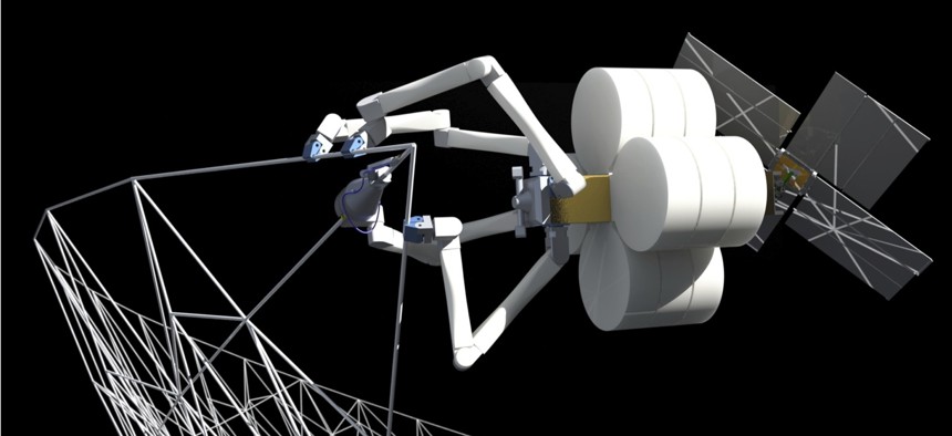 A computer generated model of Tethers Unlimited's SpiderFab technology. 