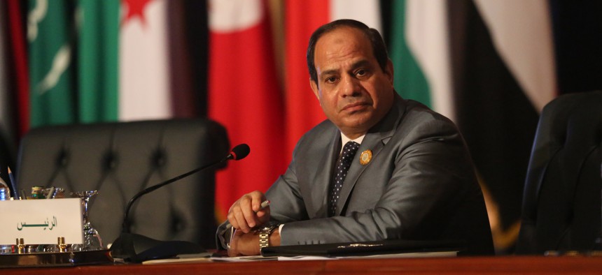 Egyptian President Abdel Fattah al-Sisi chairs an Arab foreign ministers meeting during an Arab summit in Sharm el-Sheikh, South Sinai, Egypt, Sunday, March 29, 2015. 