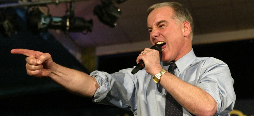 Democratic presidential hopeful former Vermont Gov. Howard Dean addresses supporters during his caucus night party in West Des Moines, Iowa, Monday, Jan. 19, 2004. 